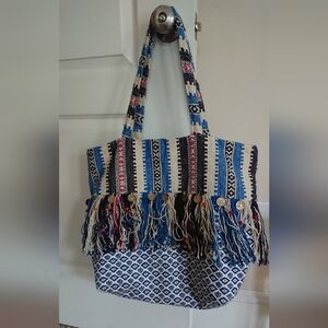 America & Beyond Boho Embroidered Tassel Blue and White Tote Bag